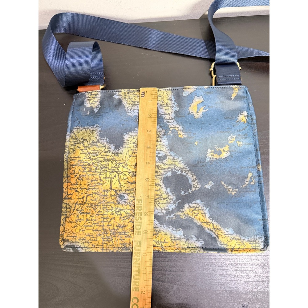Patricia Nash Vintage Map Print Nylon Crossbody Bag Blue Yellow Slim Messenger - Picture 5 of 6